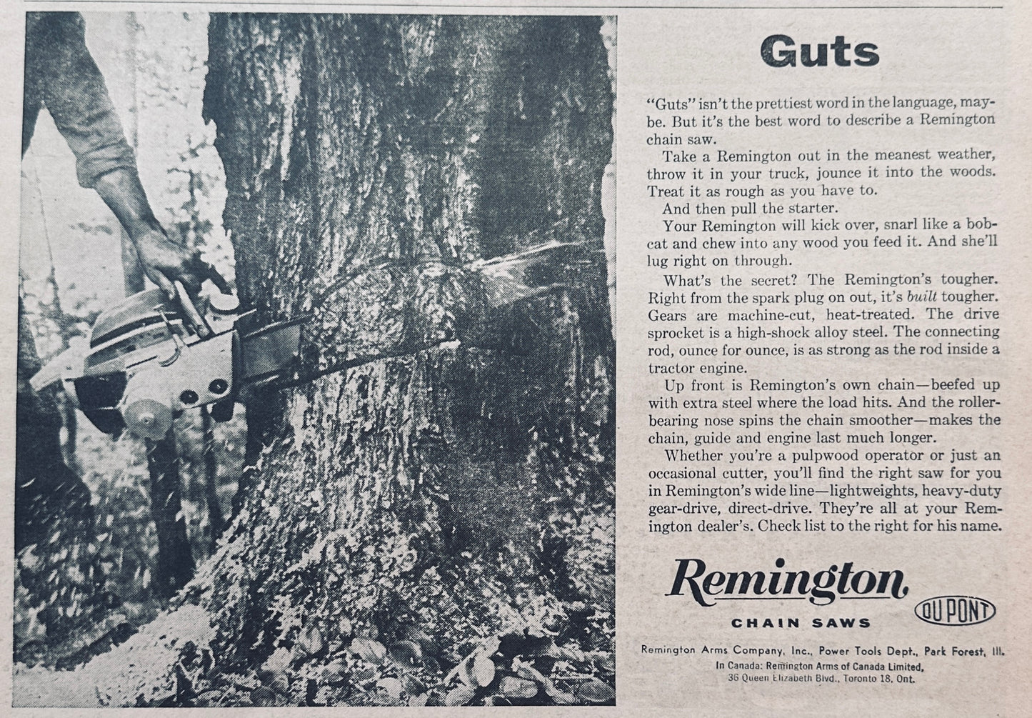 1961 Set of (2) Remington Chain Saw Ads "Guts" #803