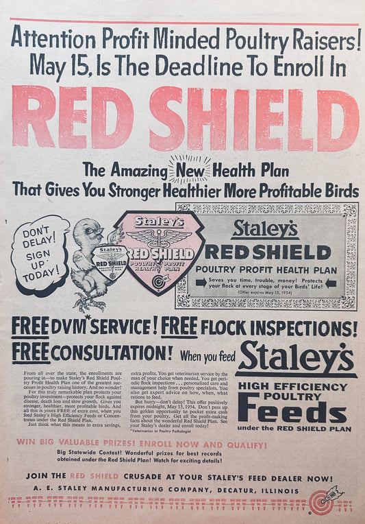 1954 Staley's Chicken Feeds Red Shield Health Plan #816 Vintage Ad