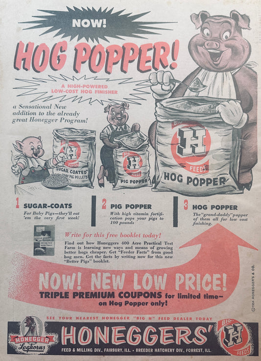 1954 Masterpiece Ad of Yesteryear - #818 - Honegger's' Hog Poppers