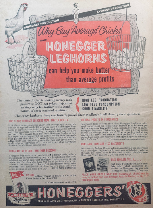 1954 Masterpiece Ad of Yesteryear - Honegger Leghorns #819