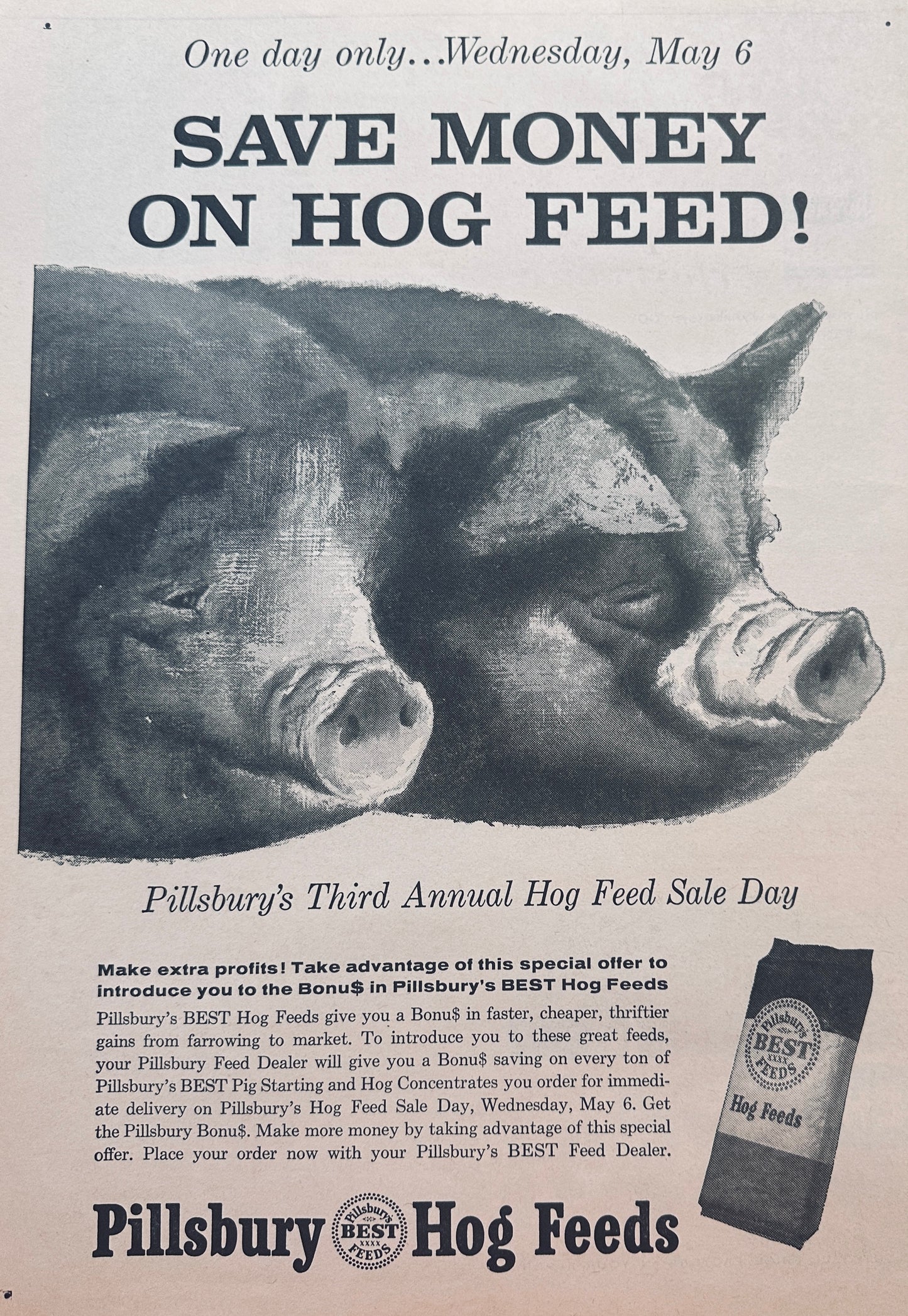 1959 Pillsbury One Day Only Save Money on Hog Feed #821