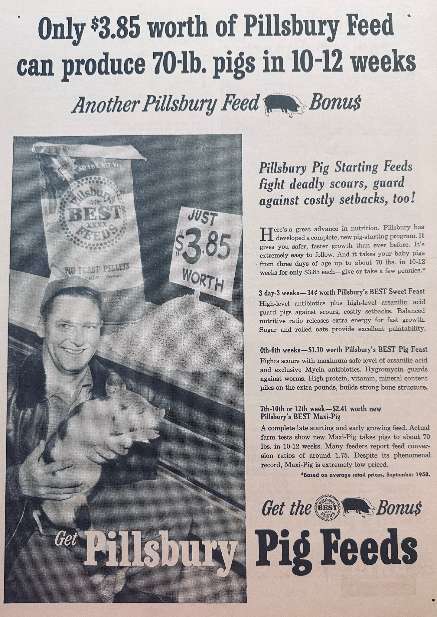 1959 Vintage Pillsbury Pig Feed Ad #822