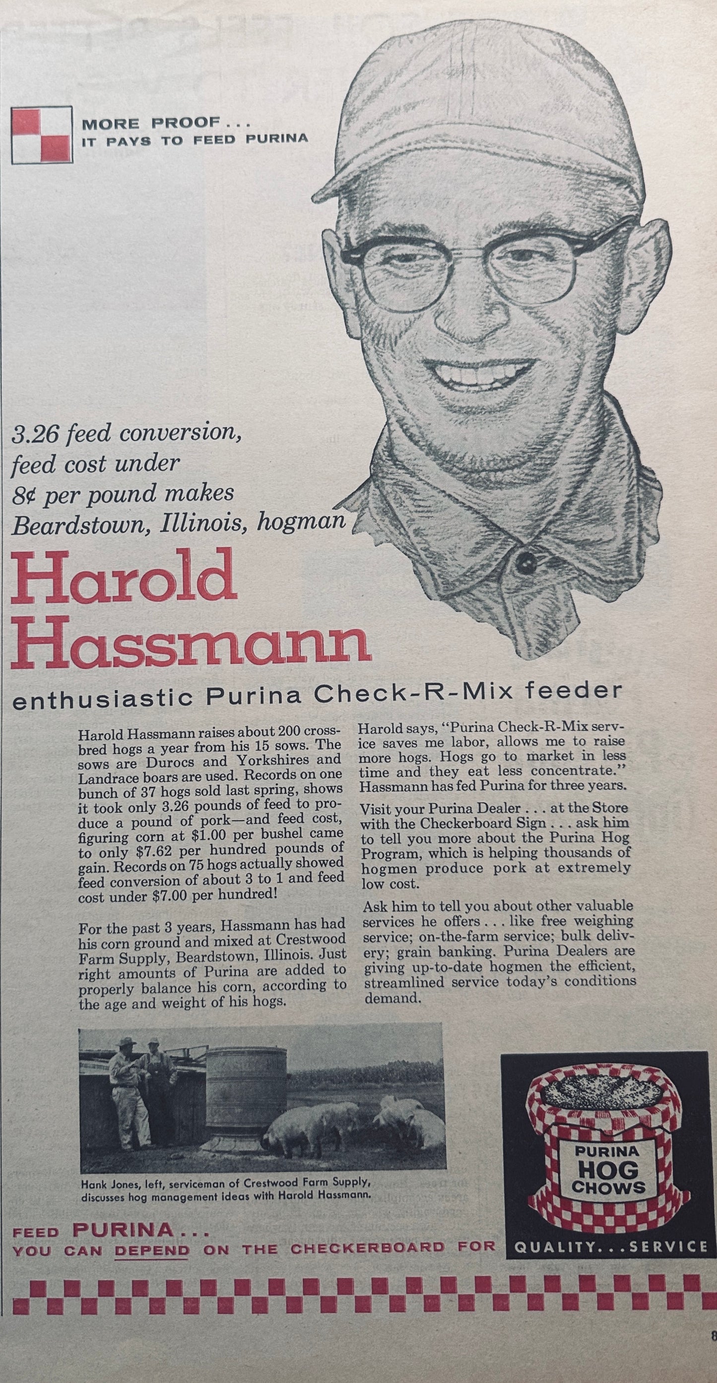 1960 Purina Hog Chows #837 Harold Hassmann Beardstown, IL Hog Man