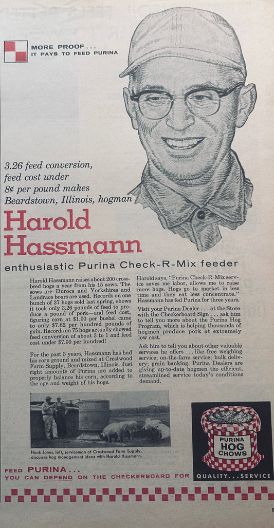 1960 Purina Hog Chows #837 Harold Hassmann Beardstown, IL Hog Man