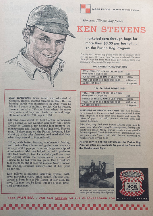1958 Purina Masterpiece Ad of Yesteryear - Hog Man Ken Stevens #832 Genesco IL