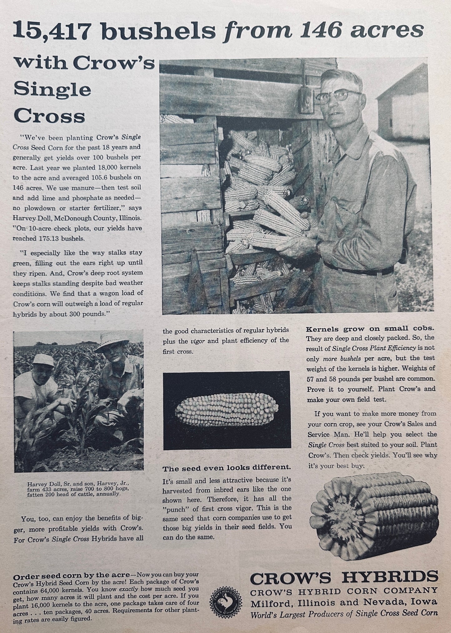1959 Crow's Hybrids Bring in 15417 BU From 146 Acres #849 Harvey Doll McDonough Cty
