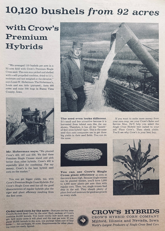 1959 Crow's Single Cross Seed Corn #851 - 110 Bu/Acre Hoberman Farm IA Ad