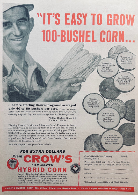 1954 Crows Film-Coated Hybrid Corn #847 Wilbur Hoelzer La Salle IL