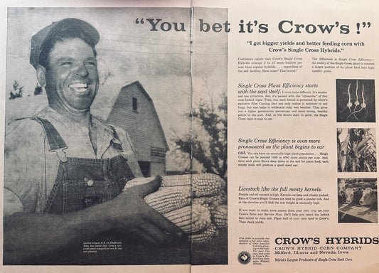 1959 Crow's Seed Corn 2-Page Ad Larkin Crouch One Happy Man Ad #853