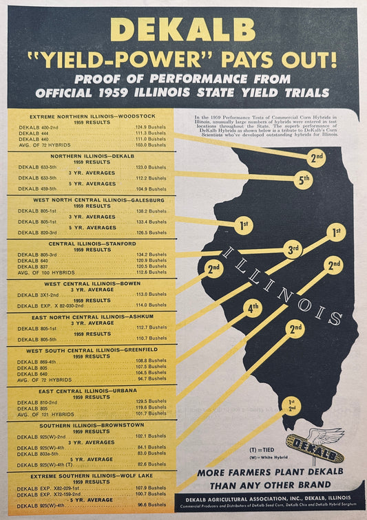 1959 Dekalb Hybrid Seed Corn "Yield-Power" #854 Vintage Ad