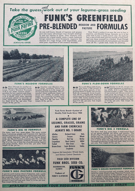 1959 Funk's Greenfield Meadow & Pasture Formulas # 860 VIntage Ad