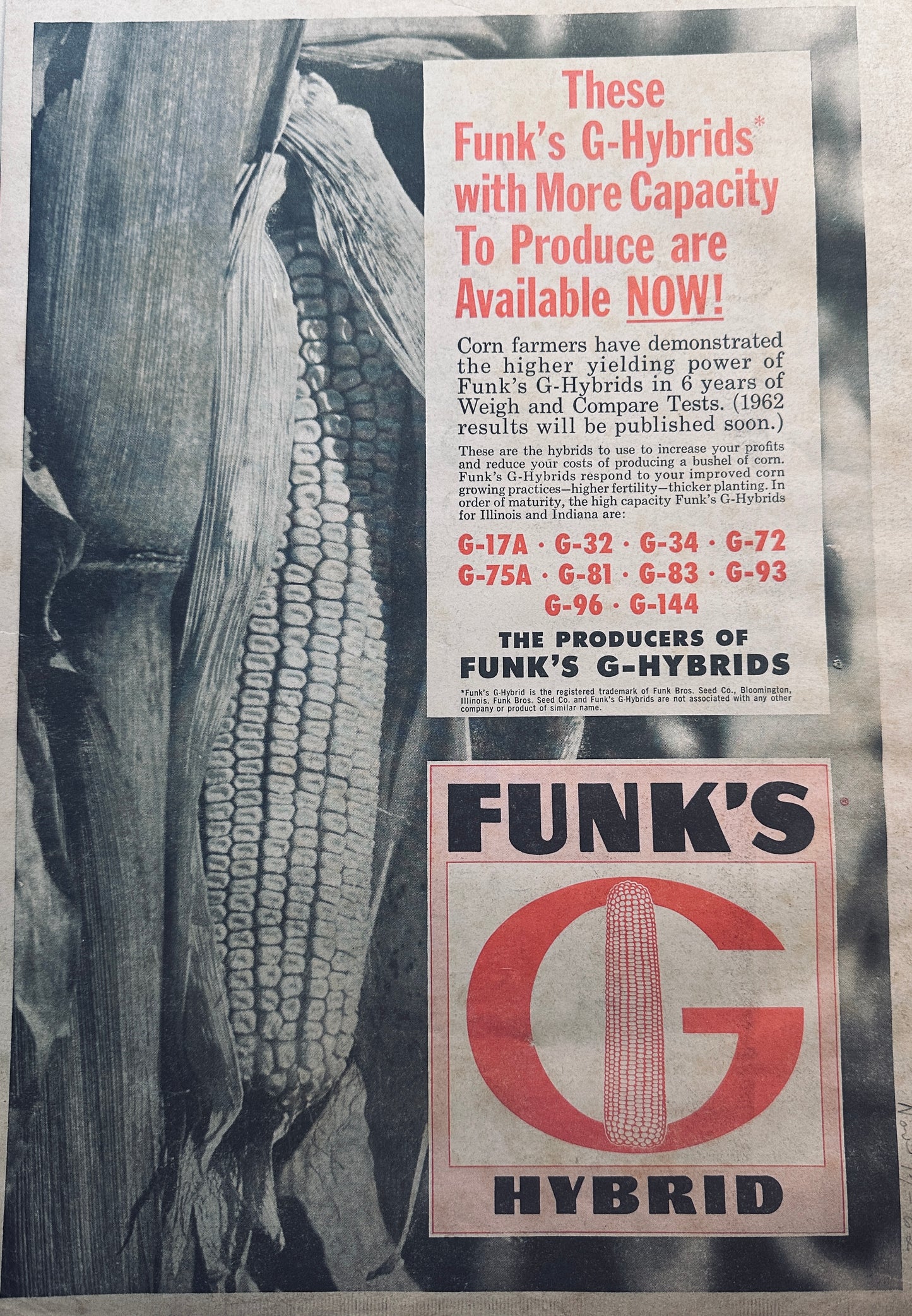 1962 Funk's G Hybrid More Capacity To produce Vintage Ad #865