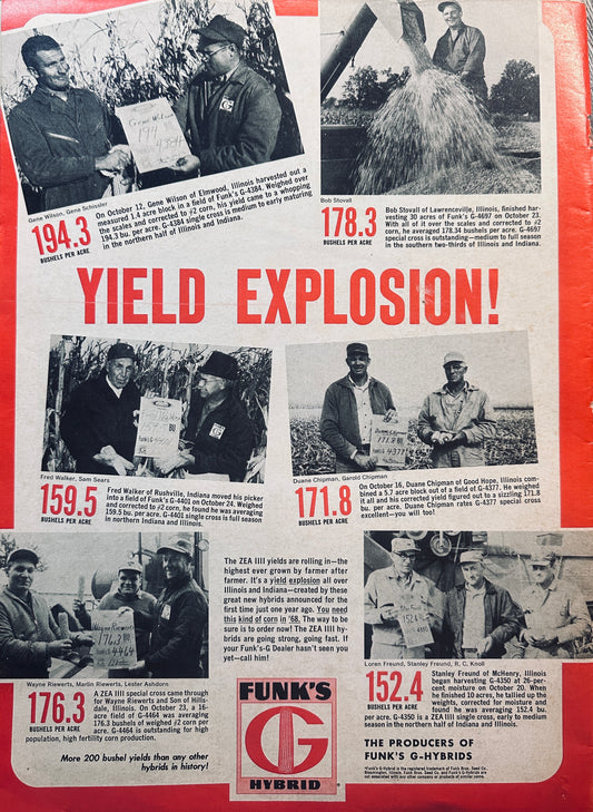1962 ? Funk's G Hybrid Seed Corn Yield Explosion 5 Illinois & 1 Indiana Farmer #864