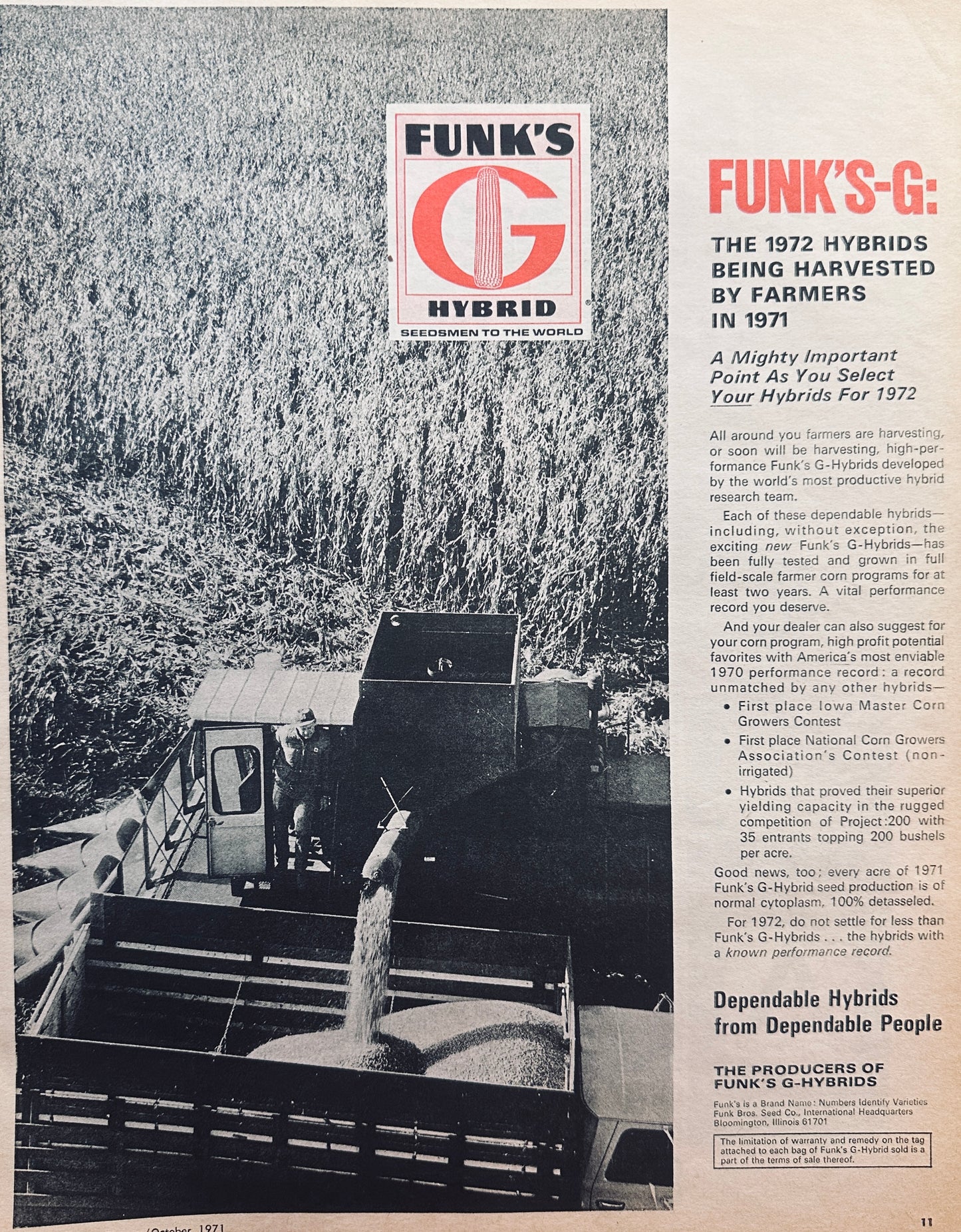 1971 Funk's G Hybrid Harvesting the 1972 Hybrids Vintage Ad #867