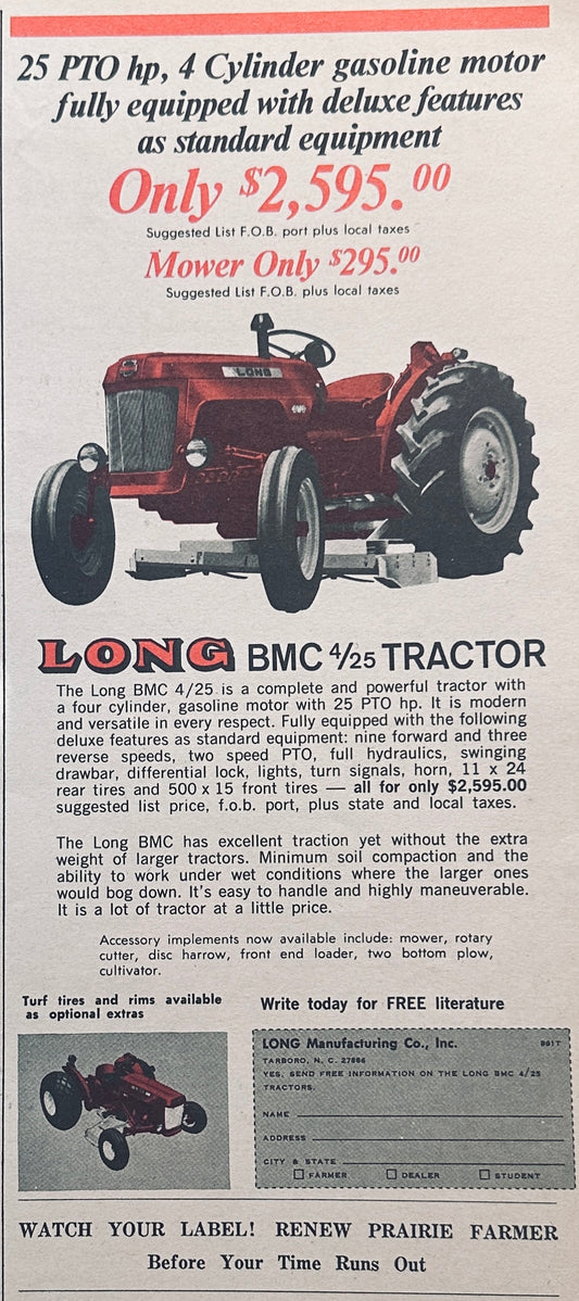 1968 Long BMC 4/25 Tractor Tarboro, NC #883 Vintage Ad