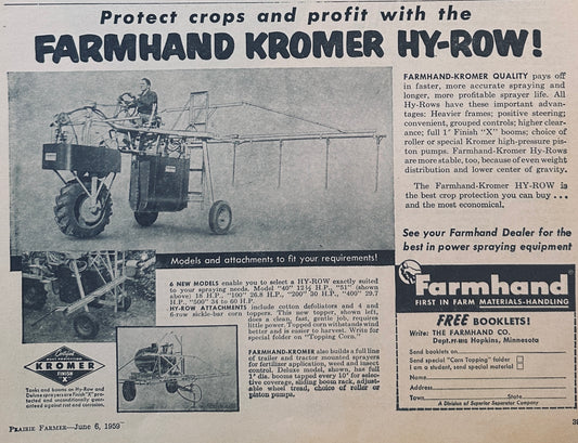 1959 Farmhand Kromer Hy-Row Tractor Vintage Ad Hopkins MN #875