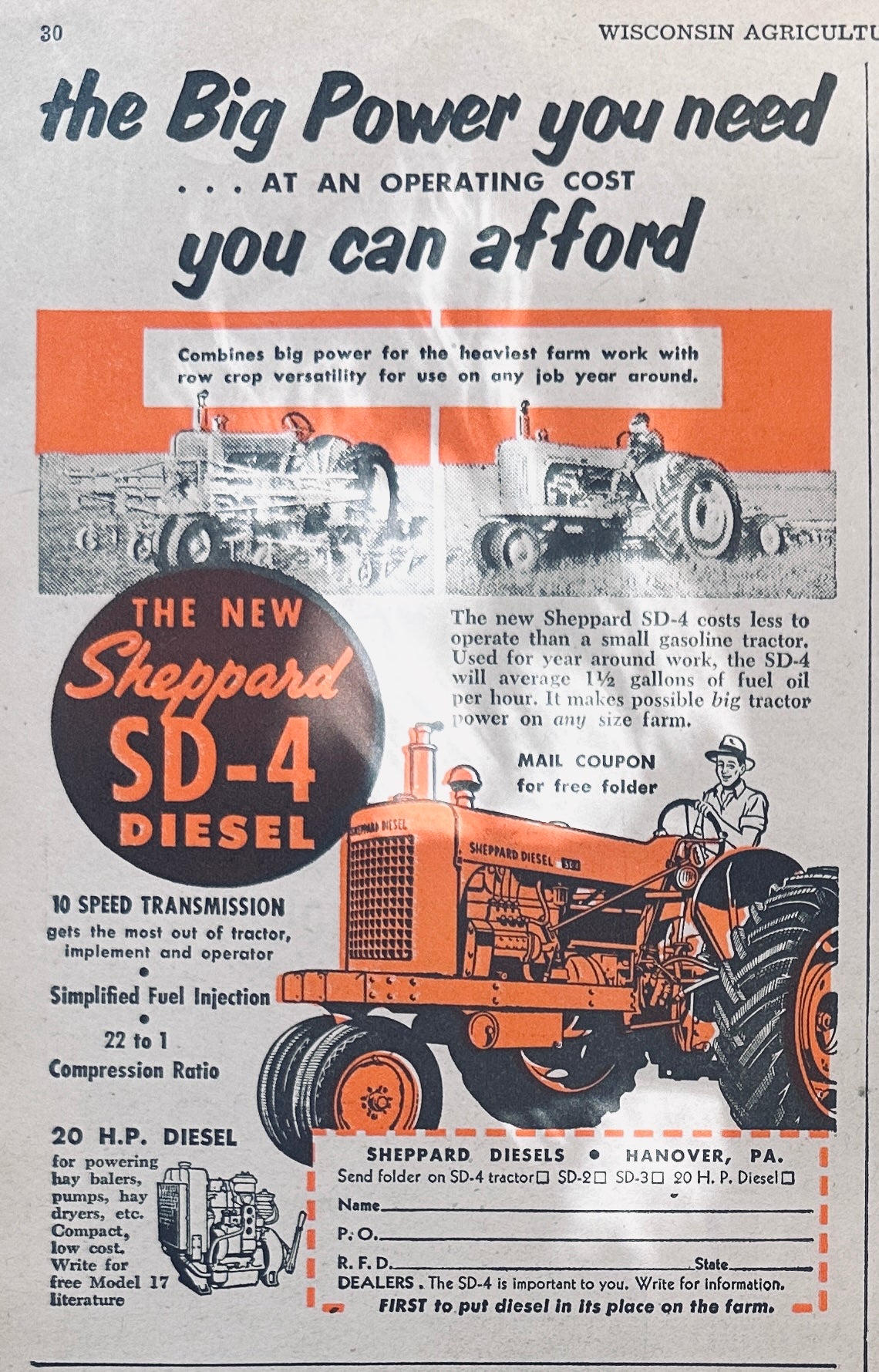 1954 Sheppard Diesels SD-4 Tractor, Hanover, PA #873 Vintage Ad