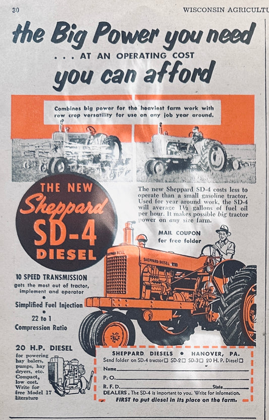 1954 Sheppard Diesels SD-4 Tractor, Hanover, PA #873 Vintage Ad