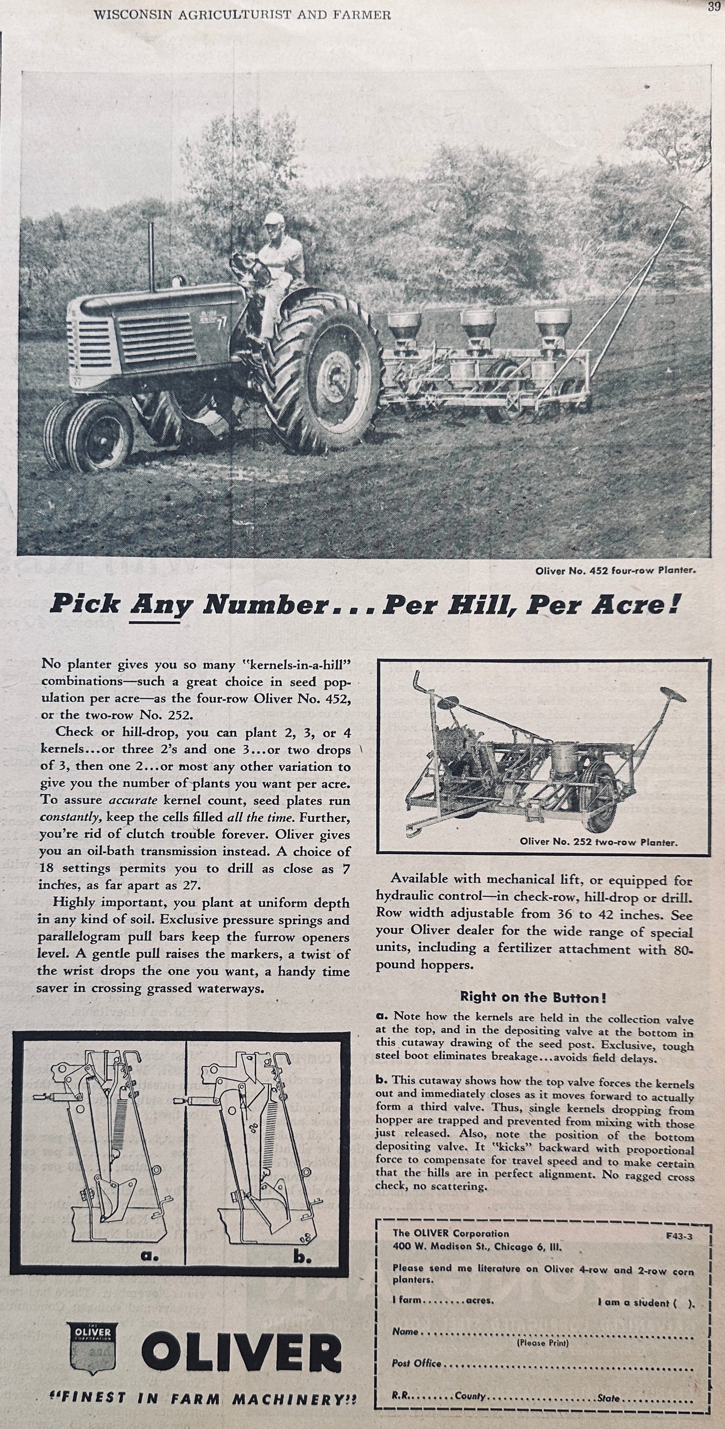 1954 Oliver 252 and 452 Planters with 18 distance settings #886 Vintage Ad