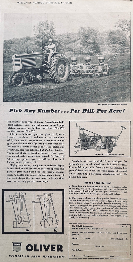 1954 Oliver 252 and 452 Planters with 18 distance settings #886 Vintage Ad