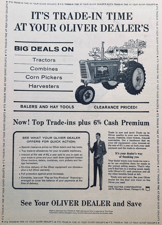 1959 Oliver Trade-In Time +6% Cash Premium Vintage AD #892