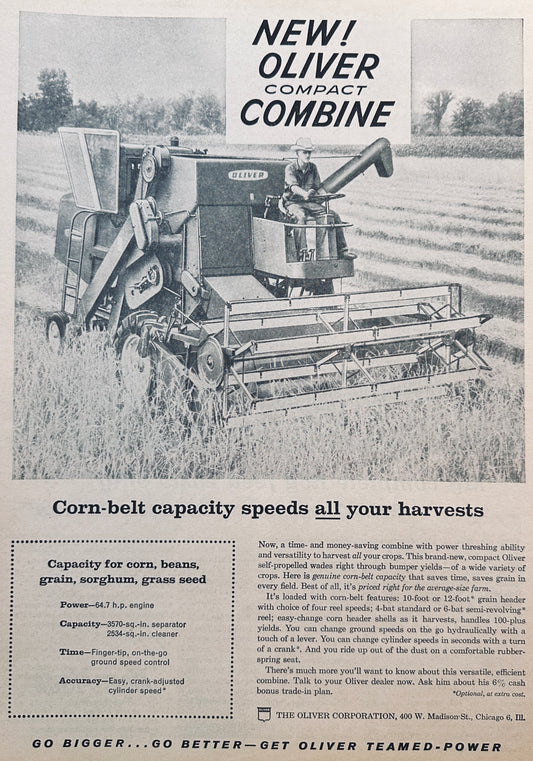 1959 Oliver New Compact Combine Vintage Ad #893