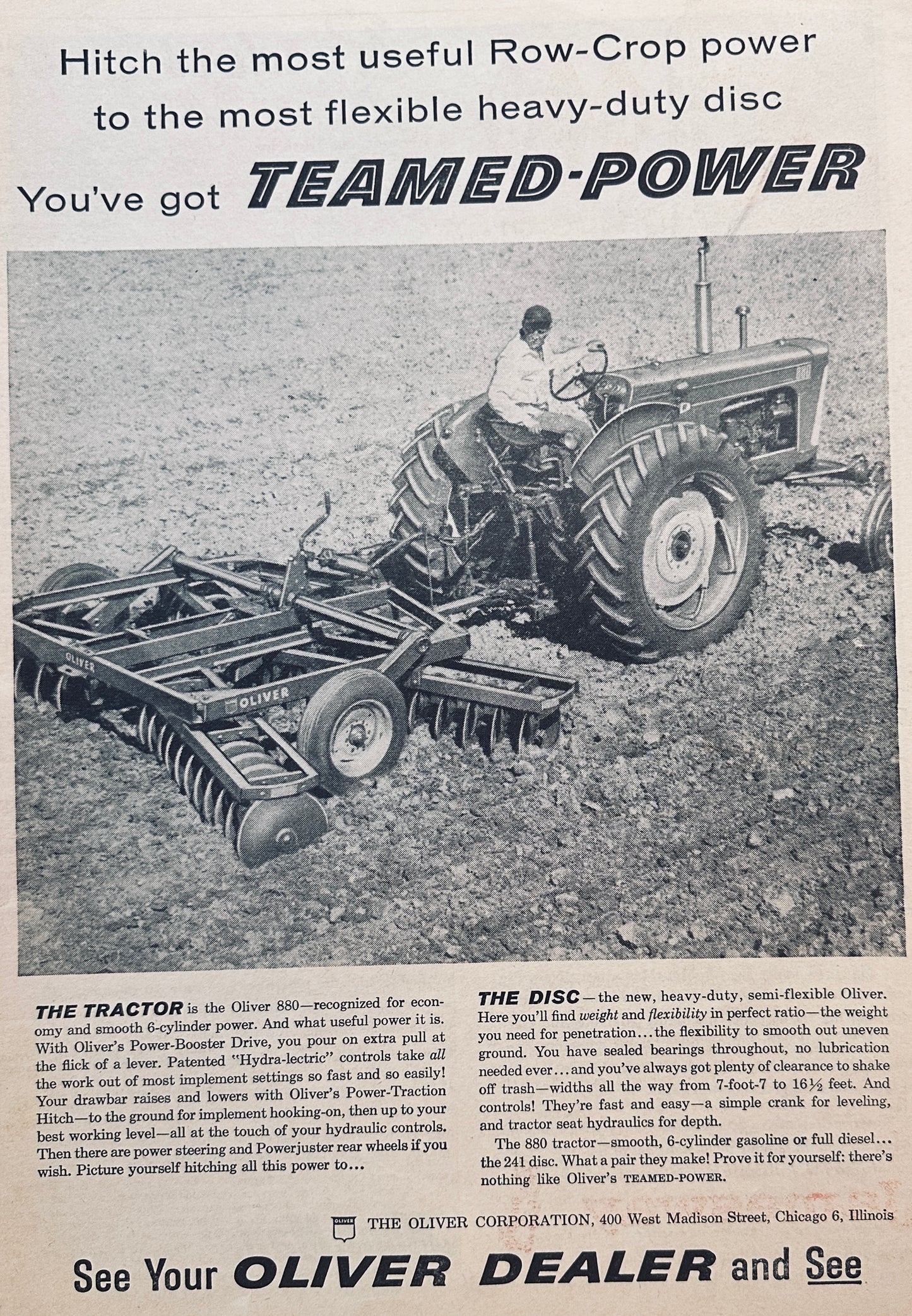 1959 Oliver Teamed-Power 880 Tractor & 241 Disc vintage Ad #895