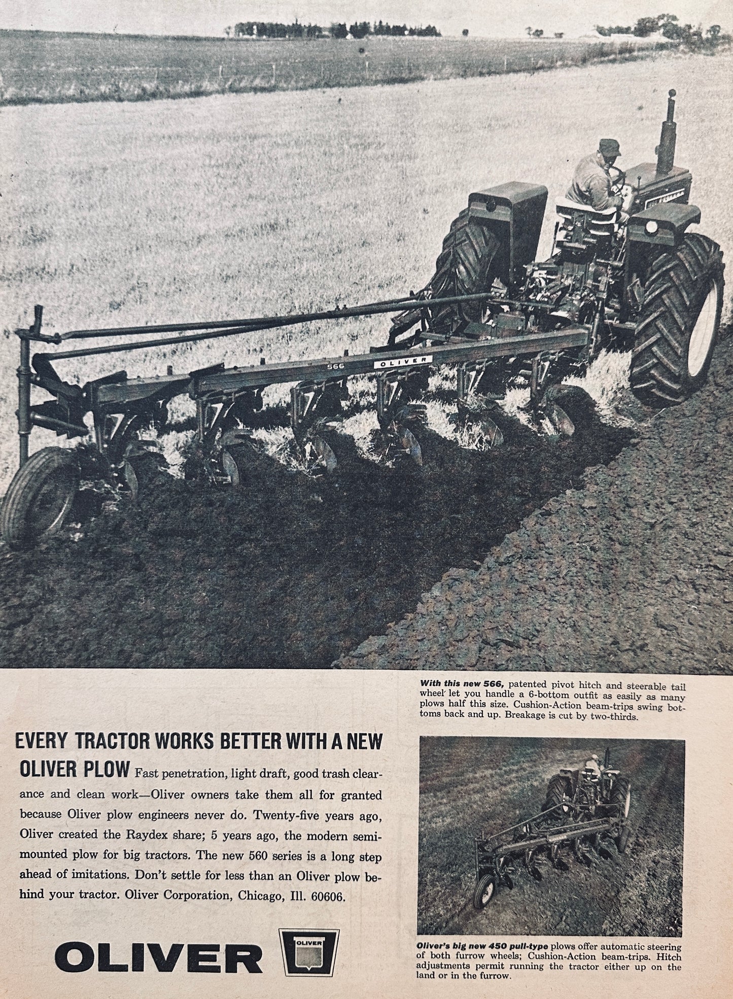 1965 Oliver 566 Plow with Patented Pivot Hitch Vintage Ad #900