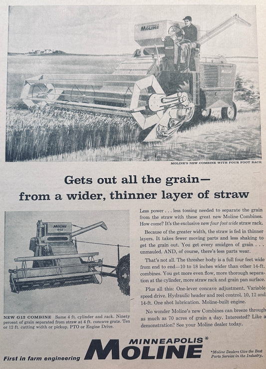 1957 Minneapolis-Moline G-12 Combine With 4 Ft Rack Vintage Ad #905