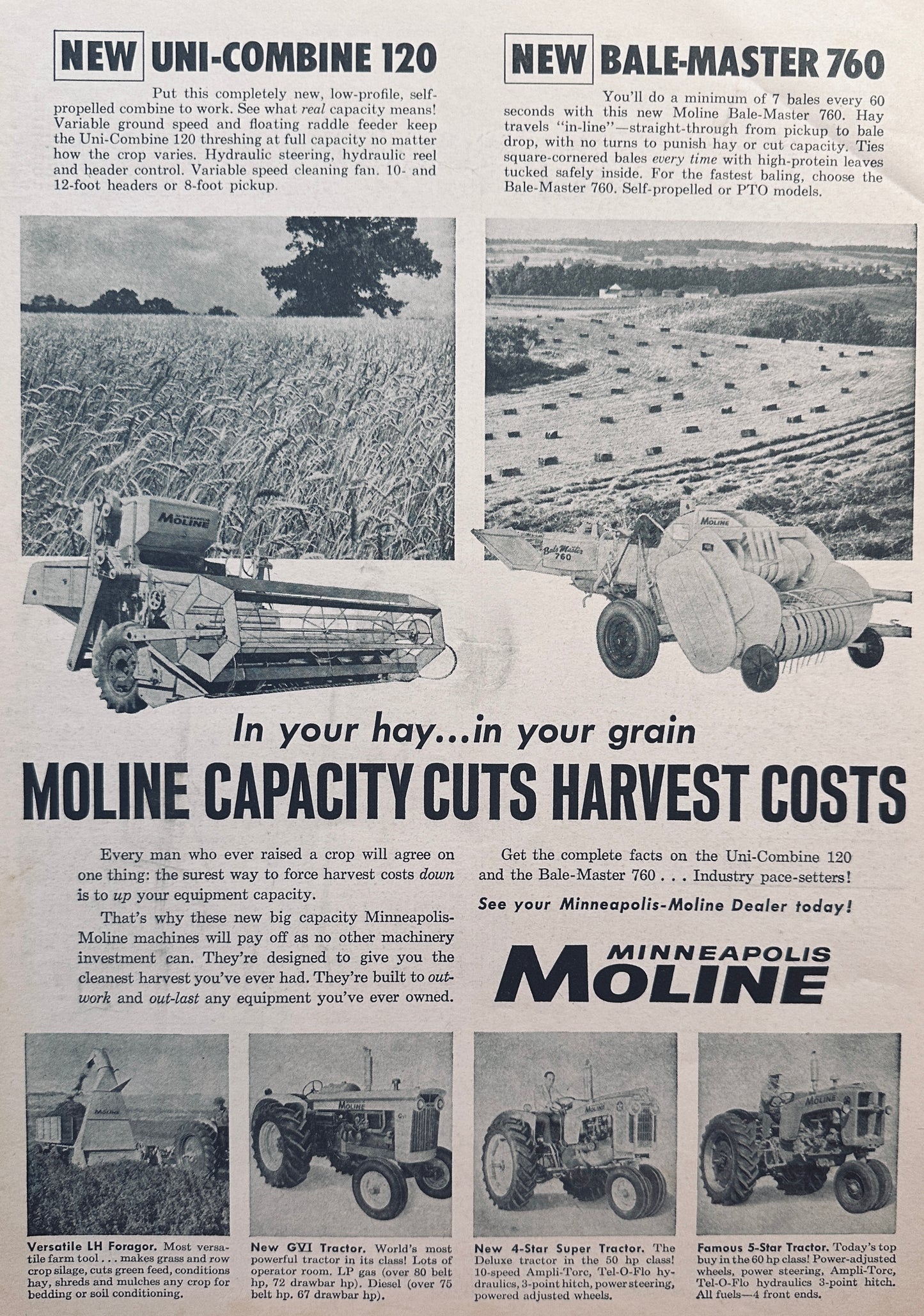 1959 Minneapolis-Moline UniCombine 120 & Bale-Master 760 Vintage Ad #909