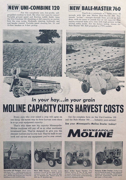 1959 Minneapolis-Moline UniCombine 120 & Bale-Master 760 Vintage Ad #909