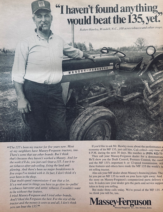 1971 Massey Ferguson 135 - Robert Hawley Wendell NC - Tobacco Ad #925
