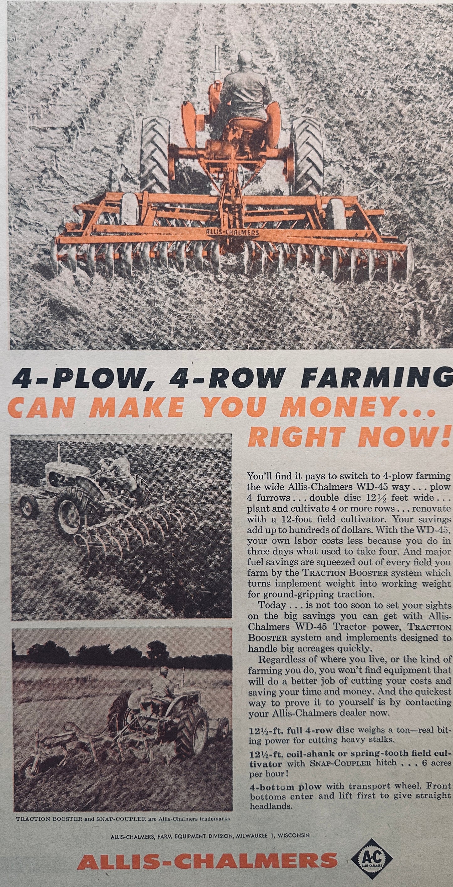 1956 Allis-Chalmers 4-Plow, 4-Row Farming Vintage Ad #928