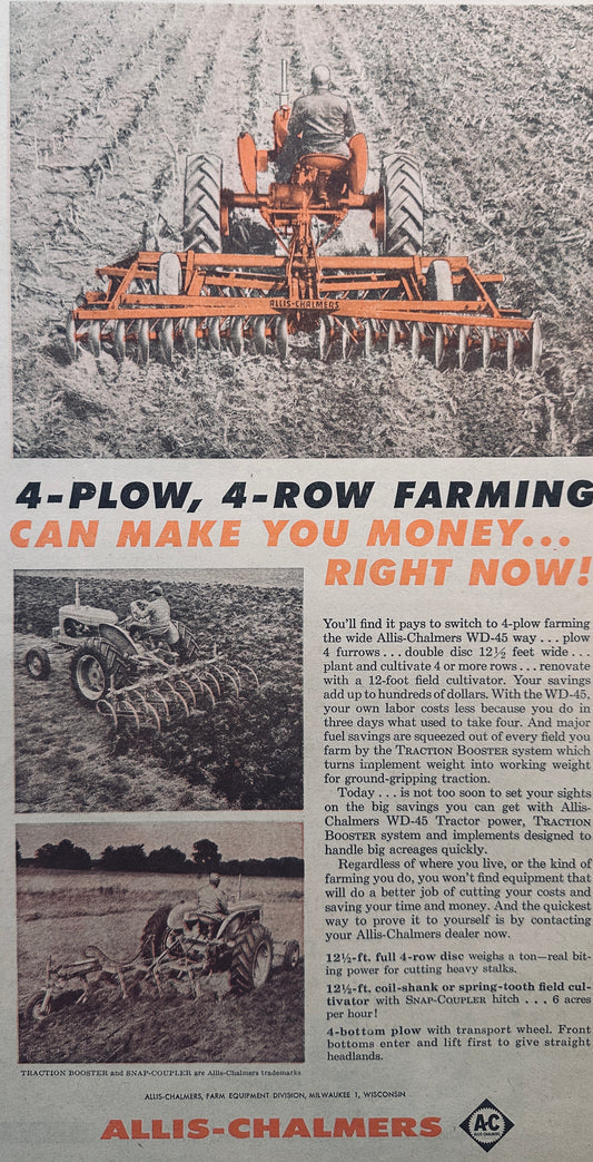 1956 Allis-Chalmers 4-Plow, 4-Row Farming Vintage Ad #928