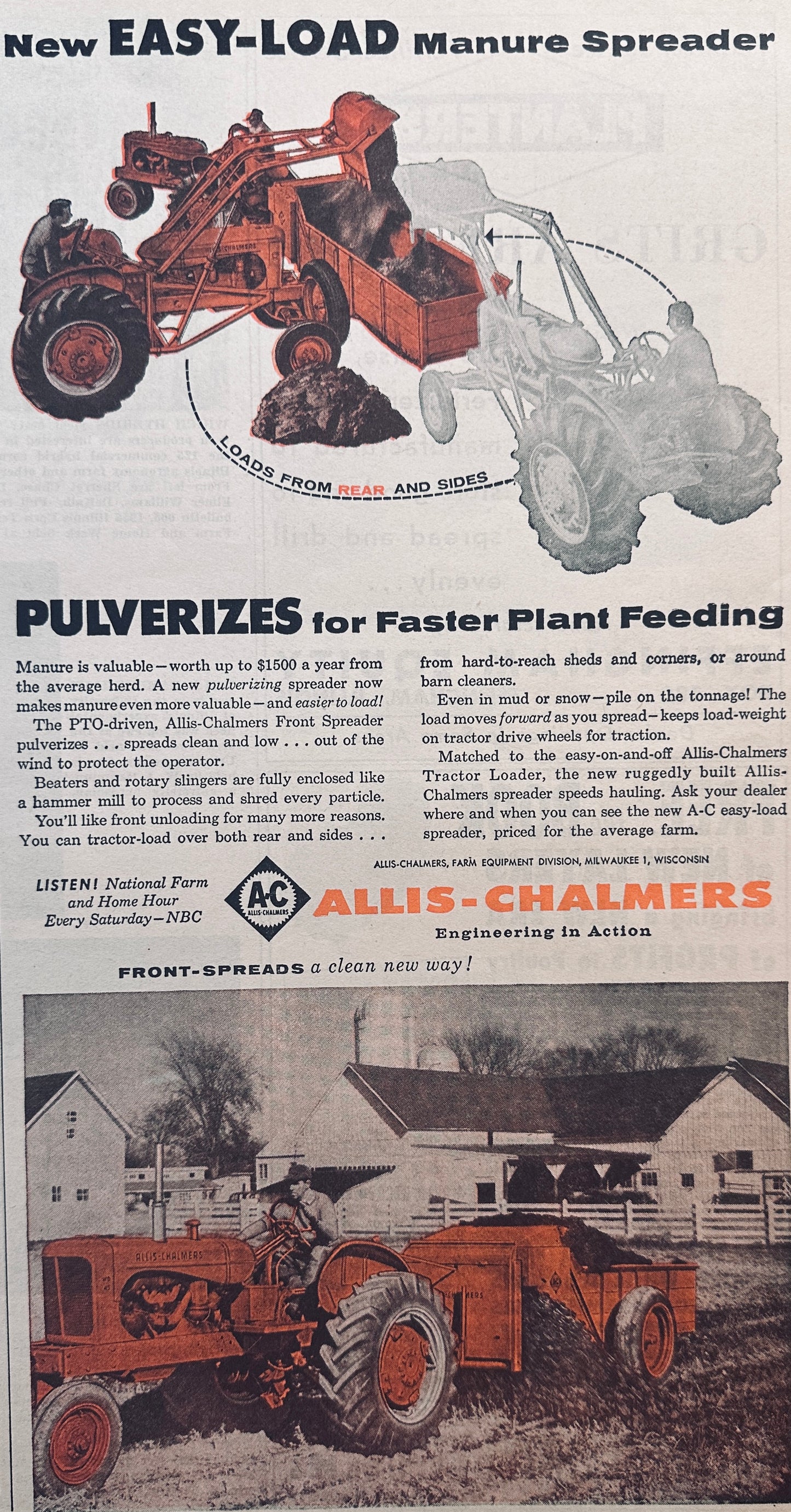 1957 Allis-Chalmer New Easy-Load Manure Spreader Vintage Ad #929