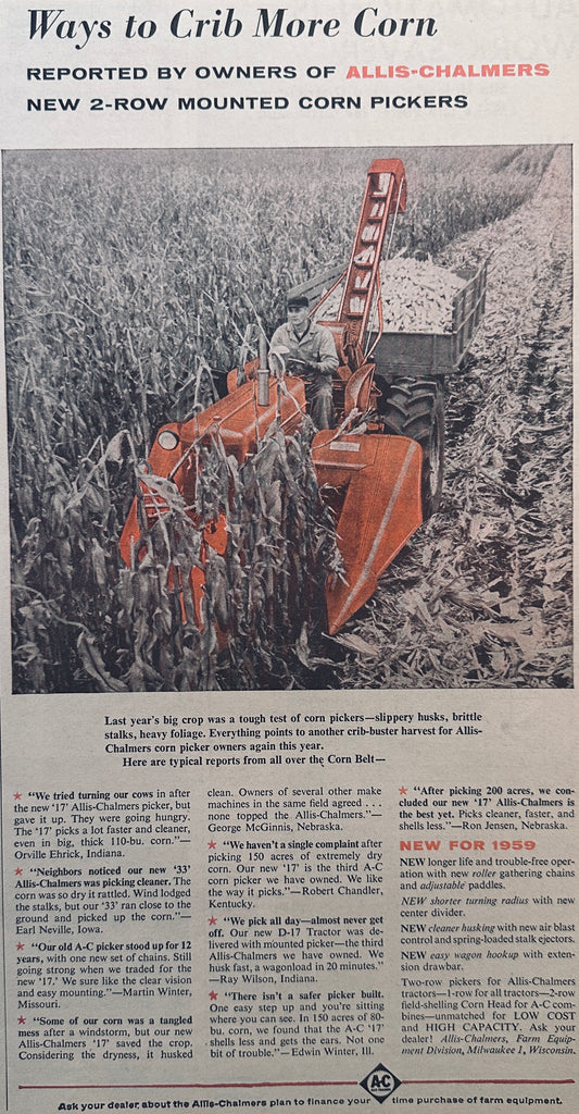 1959 Allis-Chalmers 2-Row Corn Pickers Crib More Corn Vintage Ad #934