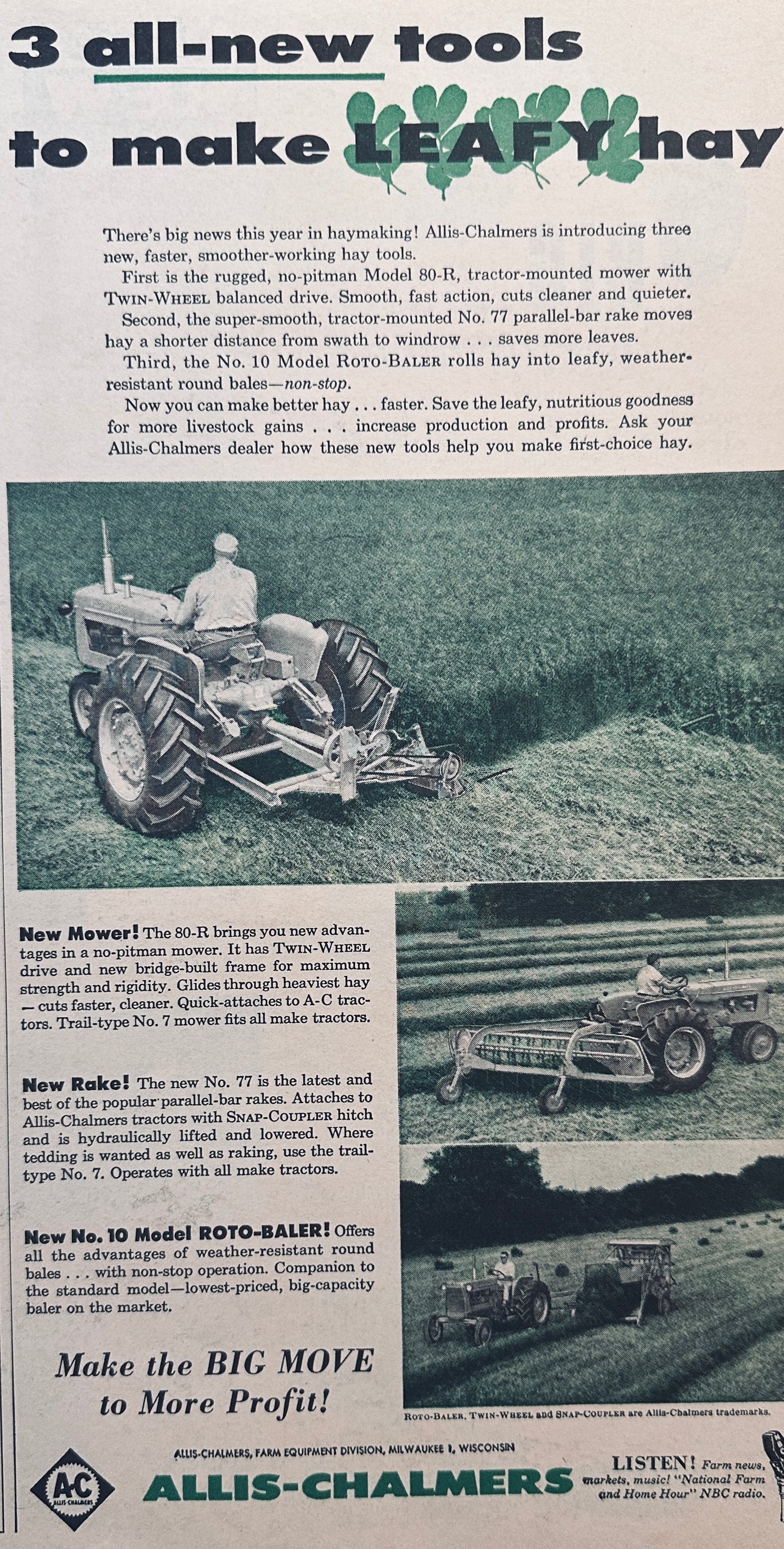 1959 Allis-Chalmers 3 New Tools Mower, Rake & Roto-Baler Vintage Ad #935