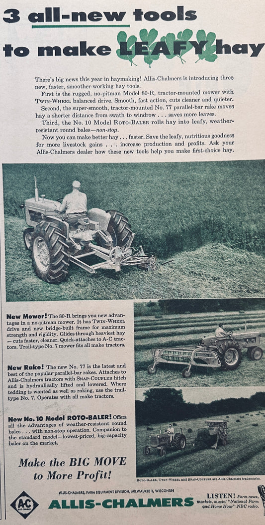 1959 Allis-Chalmers 3 New Tools Mower, Rake & Roto-Baler Vintage Ad #935