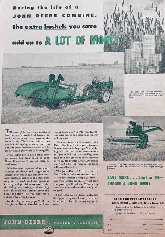 1954 John Deere Combine 25 and 55 Vintage Ad #959