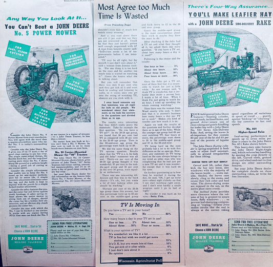 1954 John Deere No 5 Power Mower & No 594-No 851 Rakes Vintage Ad #958