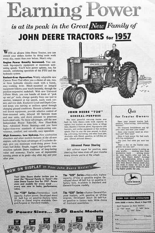 1956 Announcement of 1957 John Deere Tractor Line-Up Vintage Ad #956