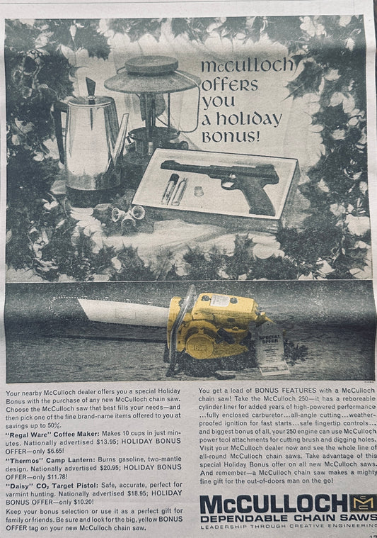 1964 McCulloch 250 Dependable Chain Saw Vintage Ad #1025