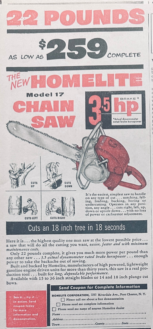 1954 Homelite Model 17 Chain Saw Vintage Ad #1028