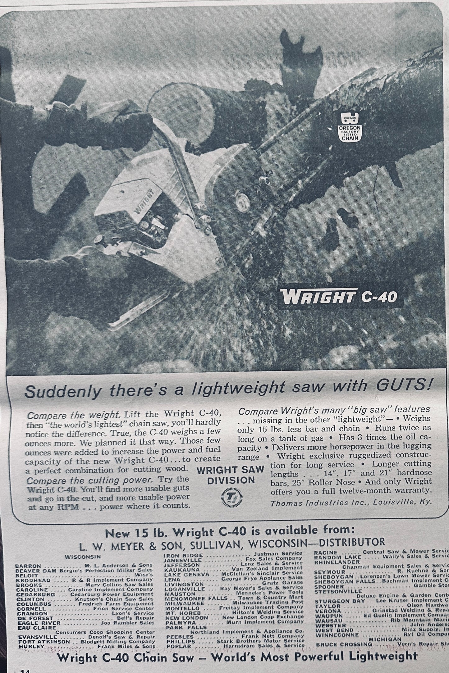1965 Wright C-40 15 Pound Chain Saw Vintage Ad #1031