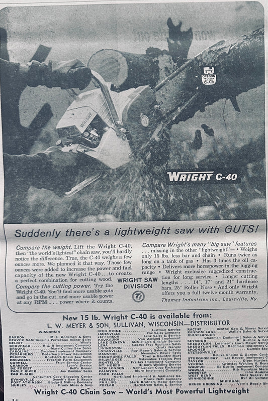 1965 Wright C-40 15 Pound Chain Saw Vintage Ad #1031
