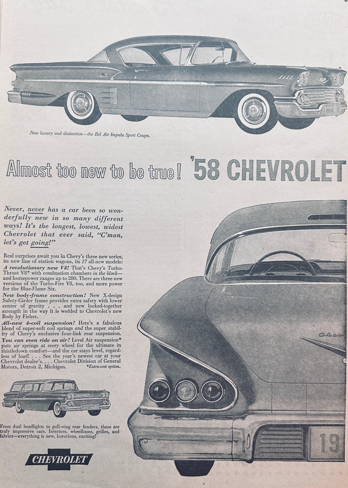 1958 Chevrolet Bel Air Impala Sport Coupe Vintage ad #1035