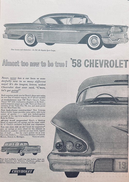 1958 Chevrolet Bel Air Impala Sport Coupe Vintage ad #1035
