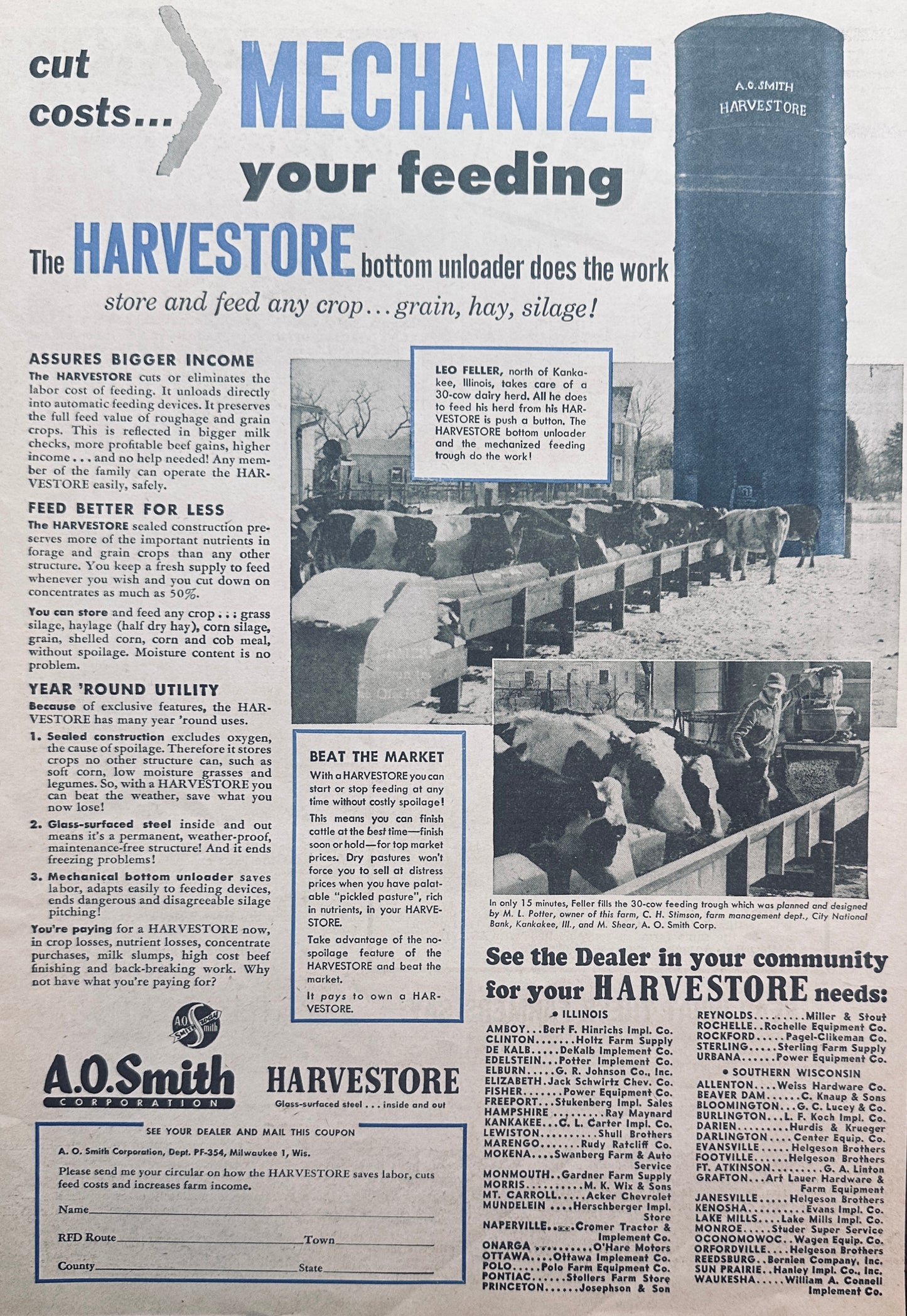 1959 AO Smith Harvestore Grain Silo with Bottom Unloader Vintage Ad #1041