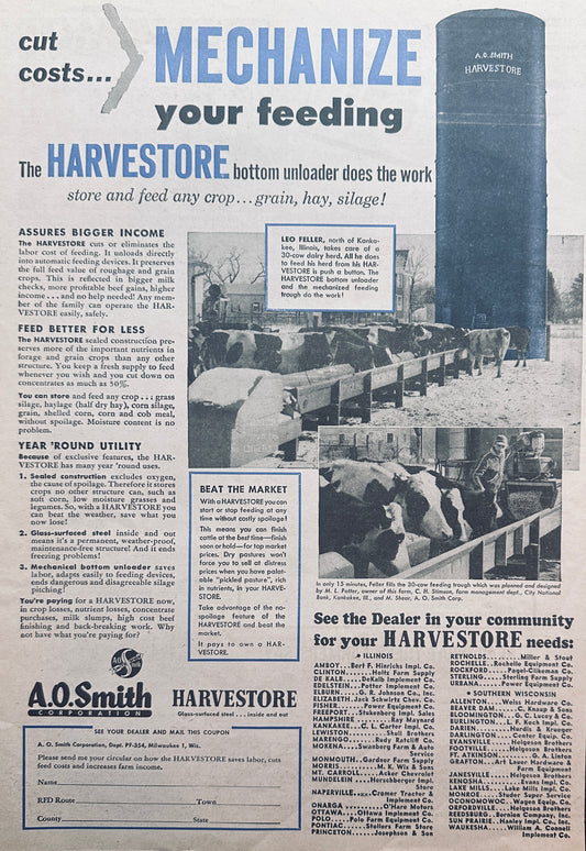 1959 AO Smith Harvestore Grain Silo with Bottom Unloader Vintage Ad #1041