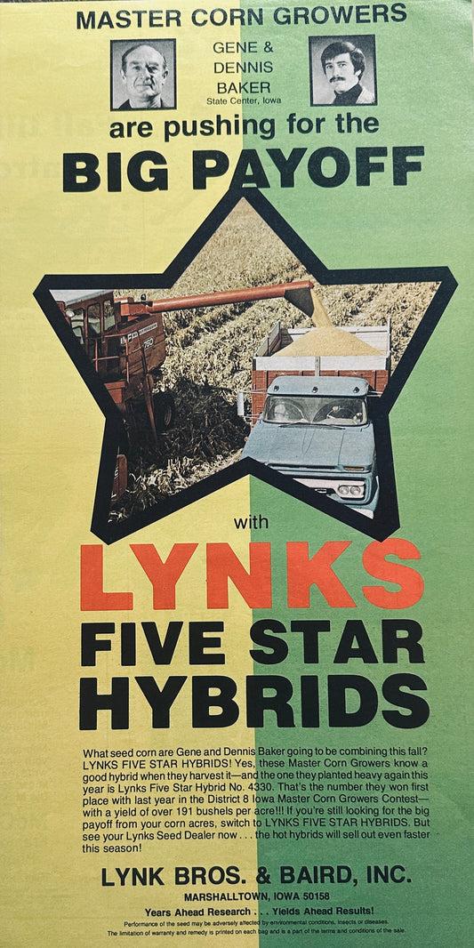 1975 Lynks 5-Star Hybrids Seed Corn & McCurdy Big M Corn Seed Ad #1046